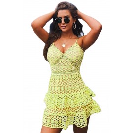 Yellow Sexy Ruffle V Neck A-line Mini Dress