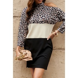 Leopard Color Block Cold Shoulder Shift Mini Dress