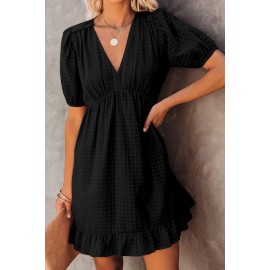 Black Checkered Pattern Puff Sleeve Babydoll Dress