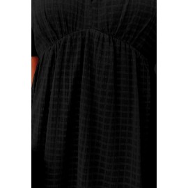 Black Checkered Pattern Puff Sleeve Babydoll Dress